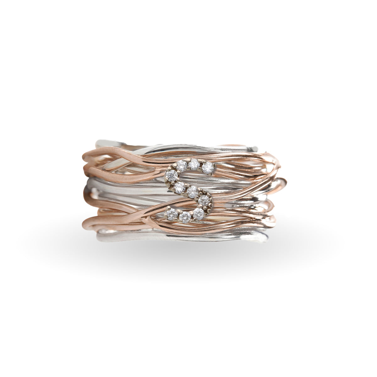 Anello Rubinia Filodellavita - 13 Fili in Argento 925, Oro Rosa 9kt e Iniziale con Diamanti