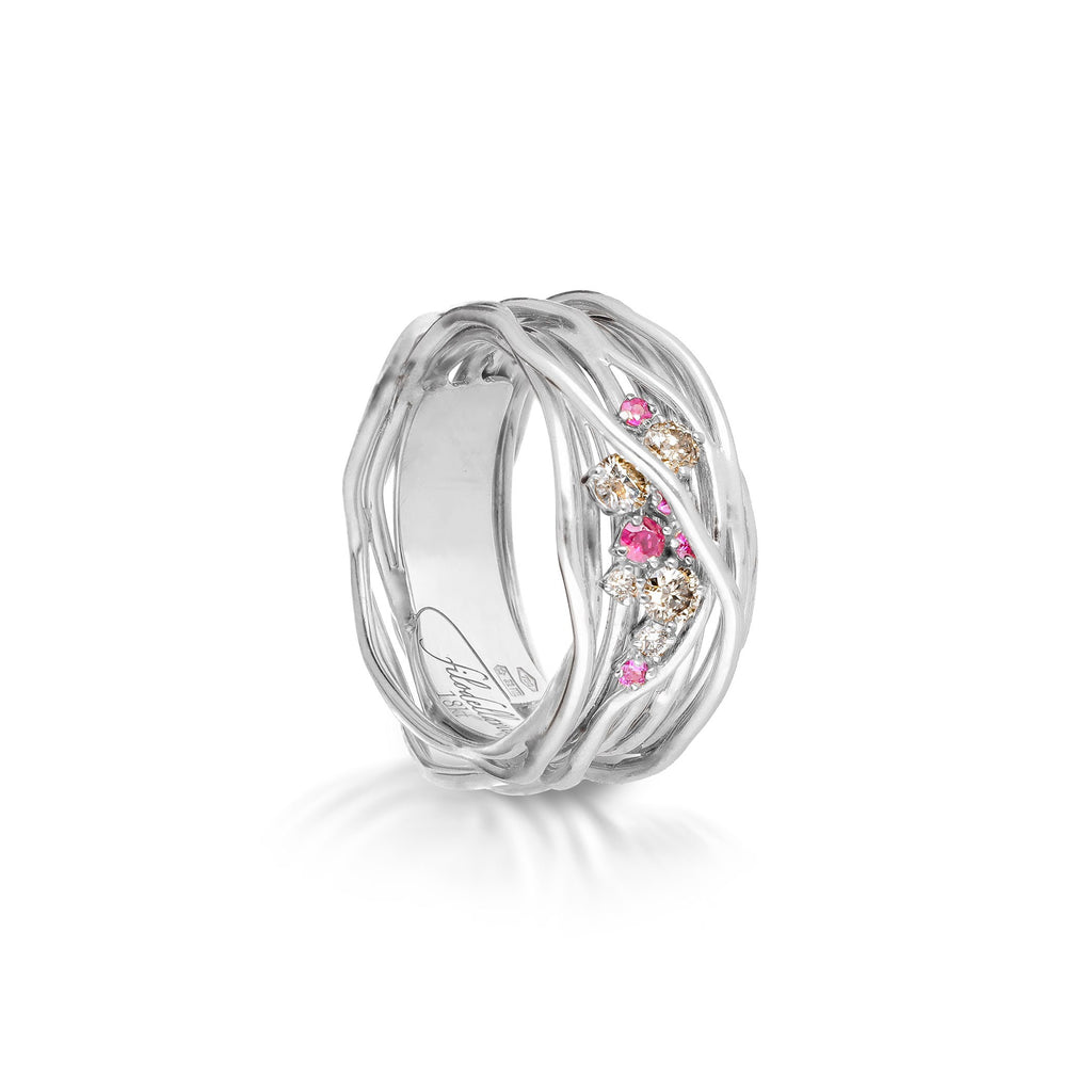 Anello Rubinia Filodellavita Ten - 10 Fili in Oro Bianco 18kt con Diamanti Brown e Rubini