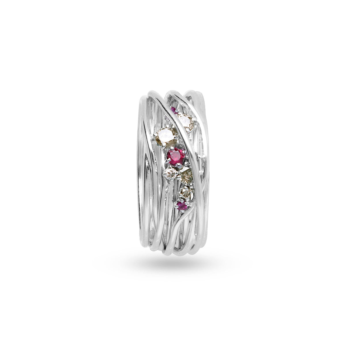 Anello Rubinia Filodellavita Ten - 10 Fili in Oro Bianco 18kt con Diamanti Brown e Rubini