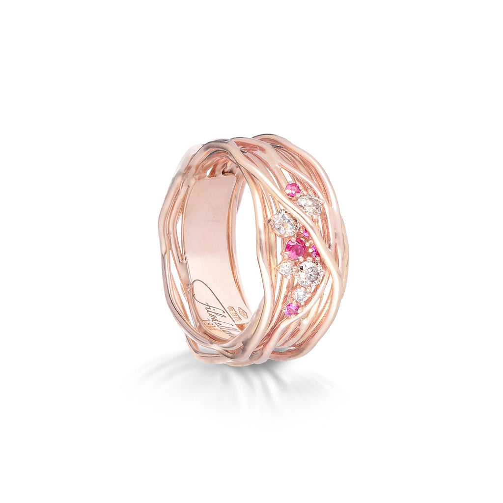 Anello Rubinia Filodellavita Ten - 10 Fili in Oro Rosa 18kt con Diamanti Brown e Rubini