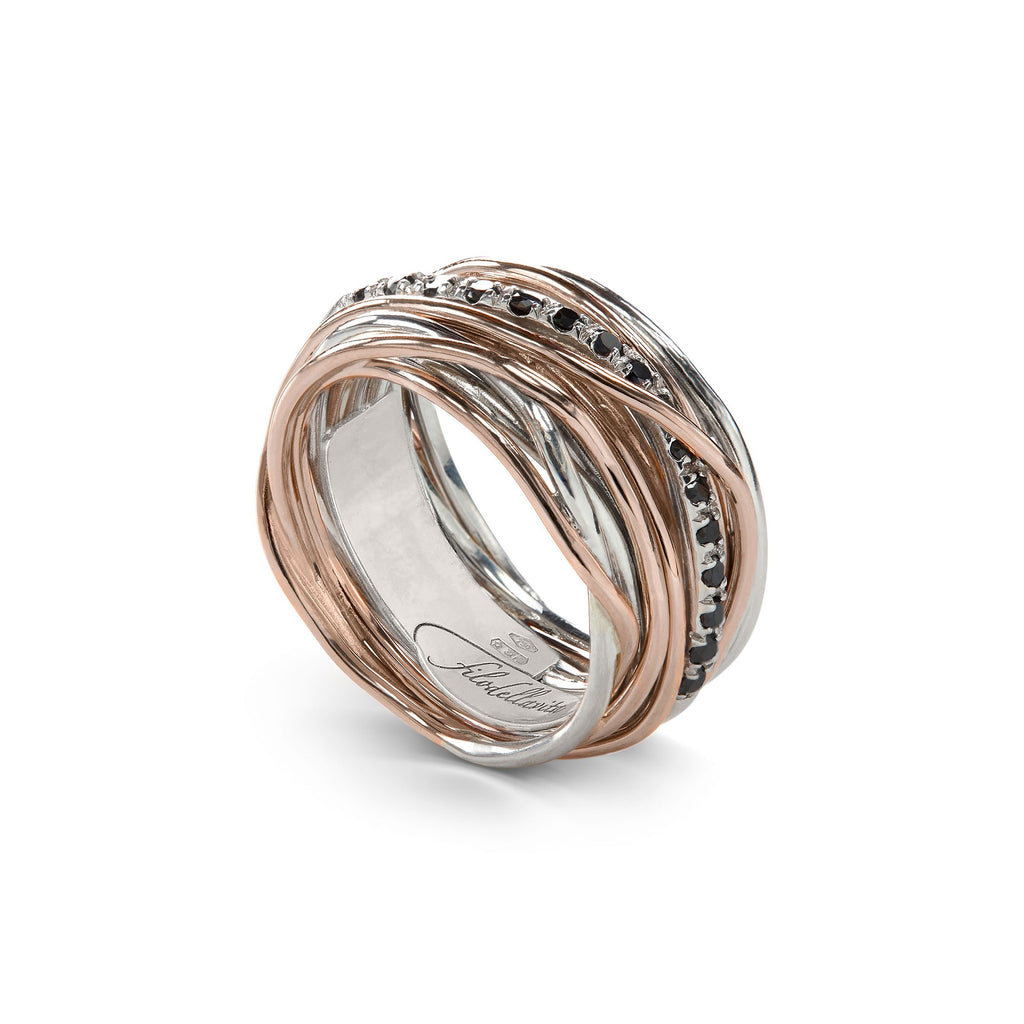 Anello Rubinia Filodellavita Classic - 13 Fili in Argento 925 e Oro Rosa 9kt con Diamanti Neri 0,21ct