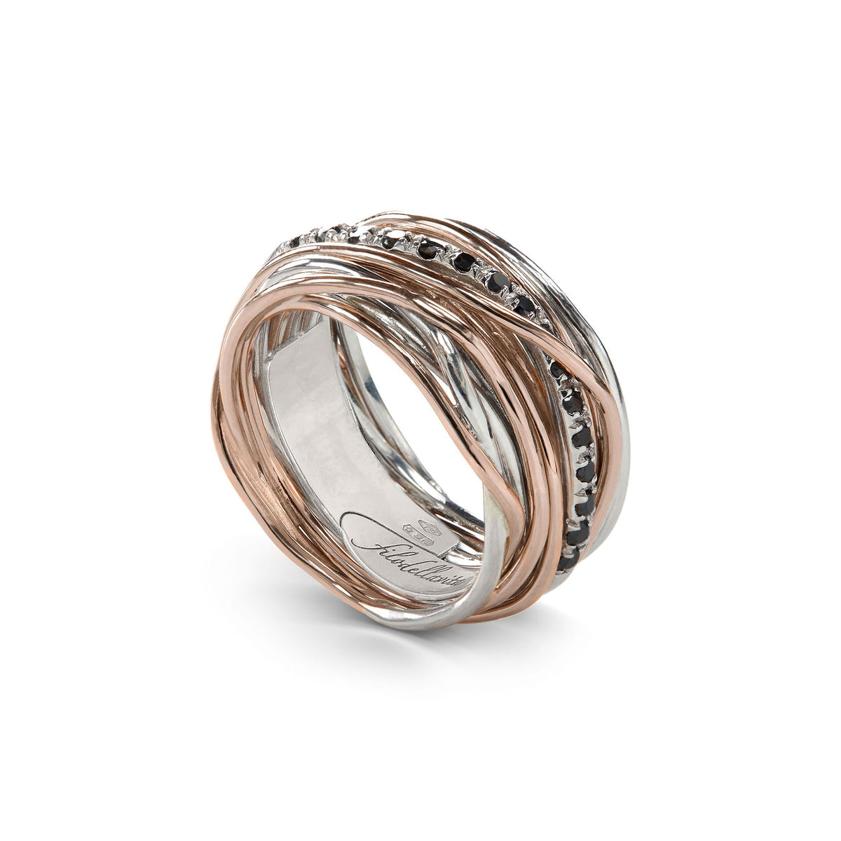 Anello Rubinia Filodellavita Classic - 13 Fili in Argento 925 e Oro Rosa 9kt con Diamanti Neri 0,21ct