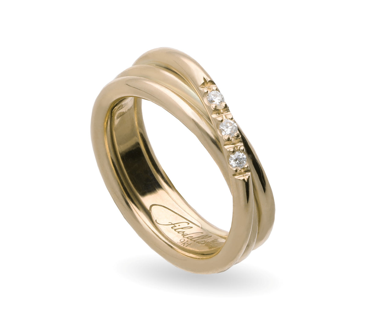 Anello Rubinia Filodellavita Prezioso - 3 Fili (filo 2,2 mm) in Oro Giallo 9kt con 3 Diamanti Bianchi 0,08ct
