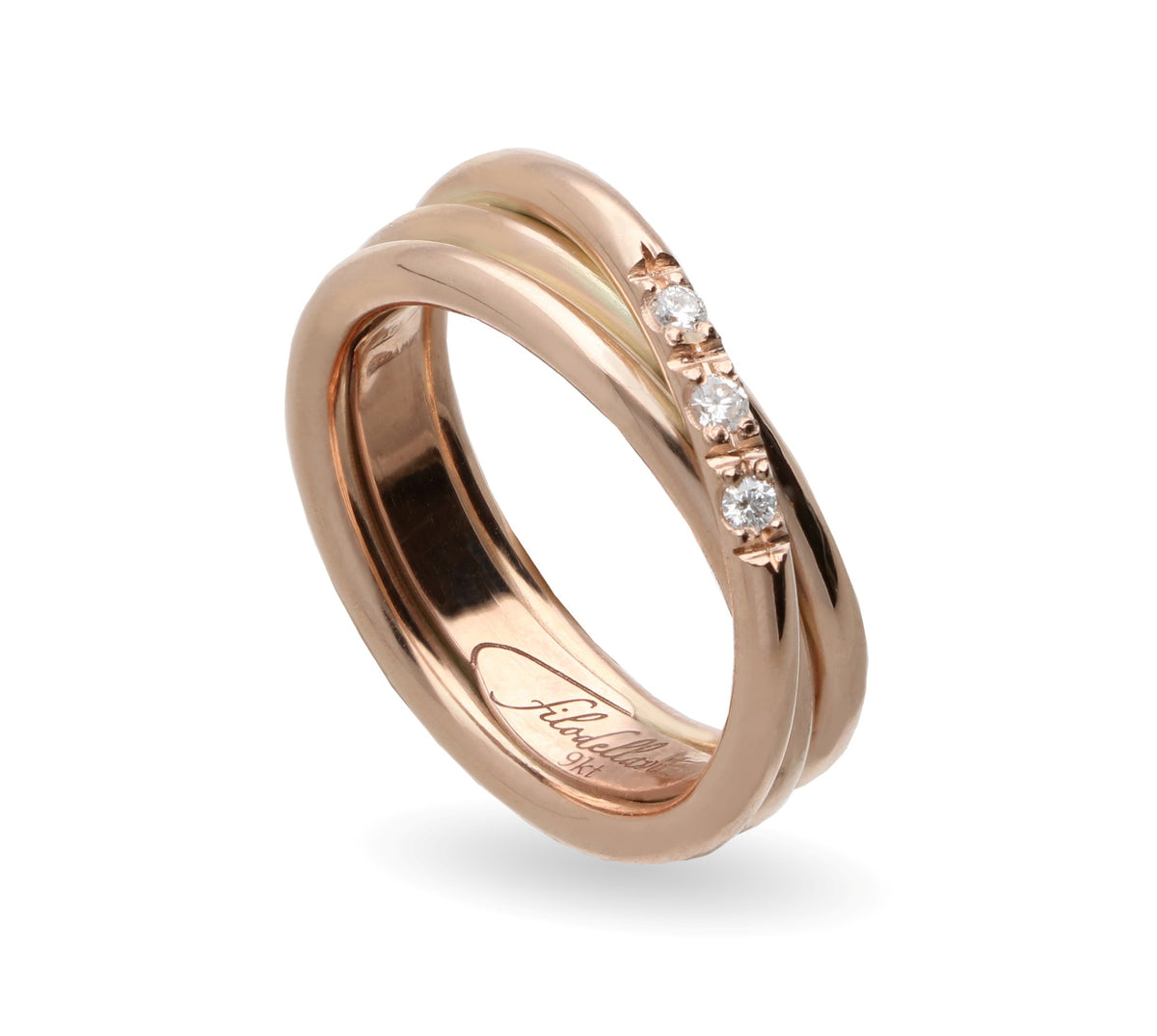 Anello Rubinia Filodellavita Prezioso - 3 Fili (filo 2,2 mm) in Oro Rosa 9kt con 3 Diamanti Bianchi 0,08ct