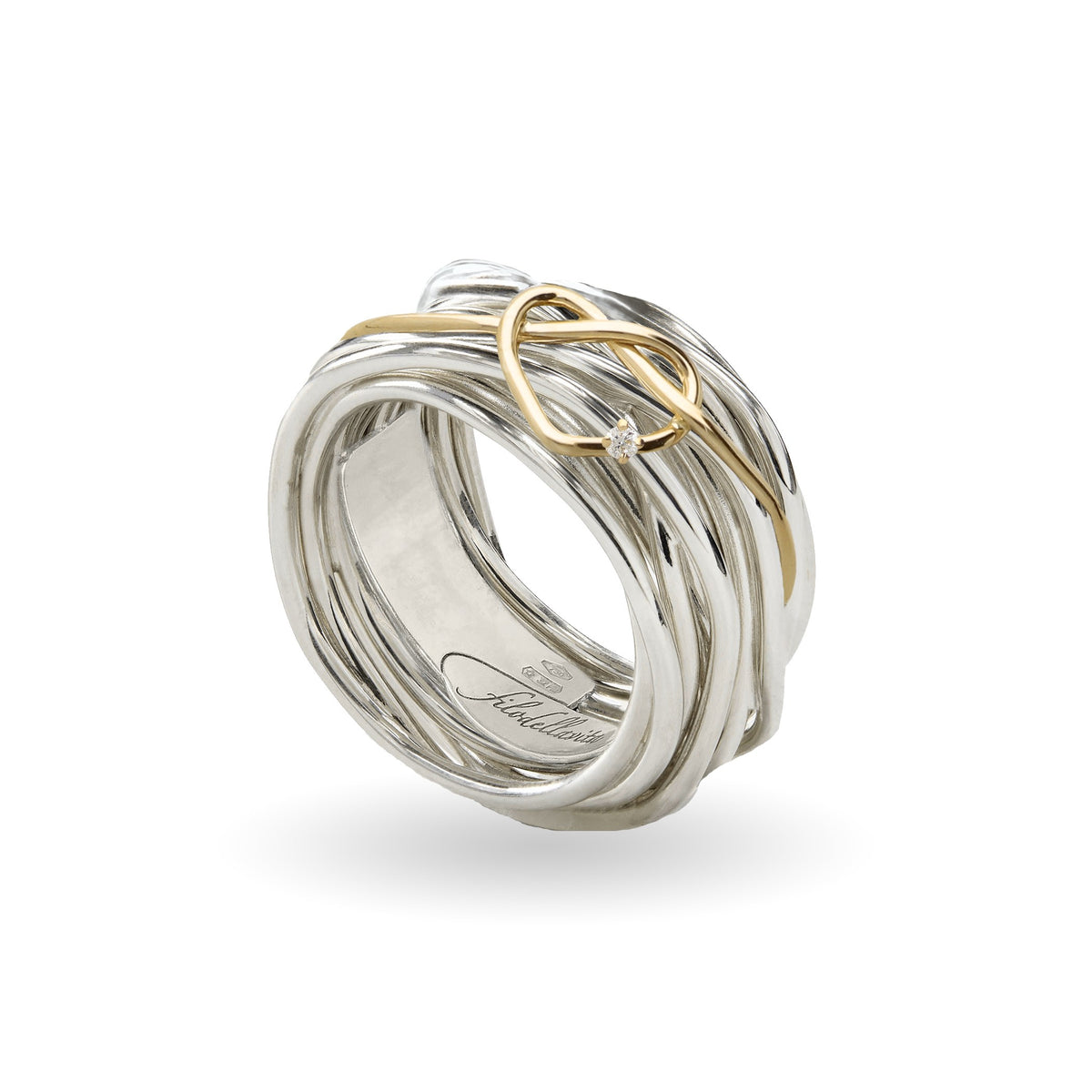 Anello Rubinia Filodellavita Classic - 13 Fili in Argento 925 con Cuore Annodato in Oro Giallo 9kt e Diamante Bianco