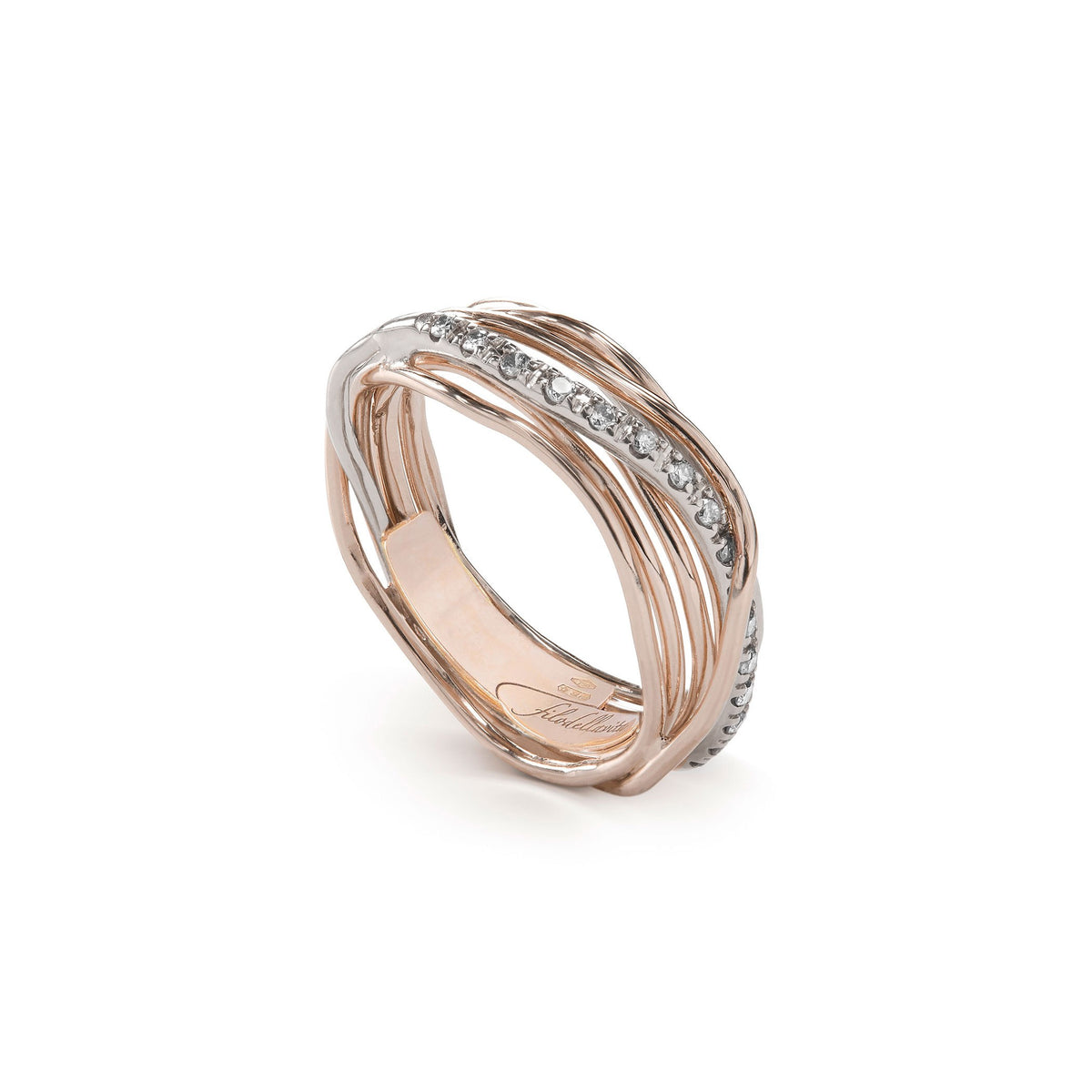 Anello Rubinia Filodellavita Classic - 7 Fili in Oro Rosa 9kt con Riviera in Oro Bianco 9kt e 16 Diamanti Bianchi 0,21ct