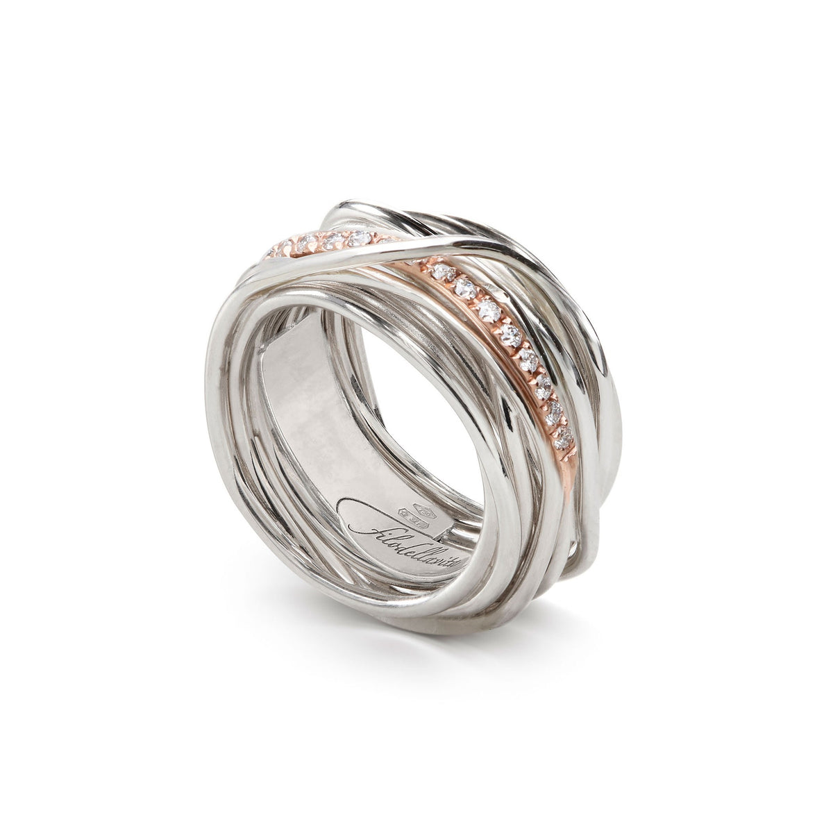 Anello Rubinia Filodellavita Classic - 13 Fili in Argento 925 e Oro Rosa 9kt con Riviera in Oro Rosa 9kt e 16 Diamanti Bianchi 0,21ct