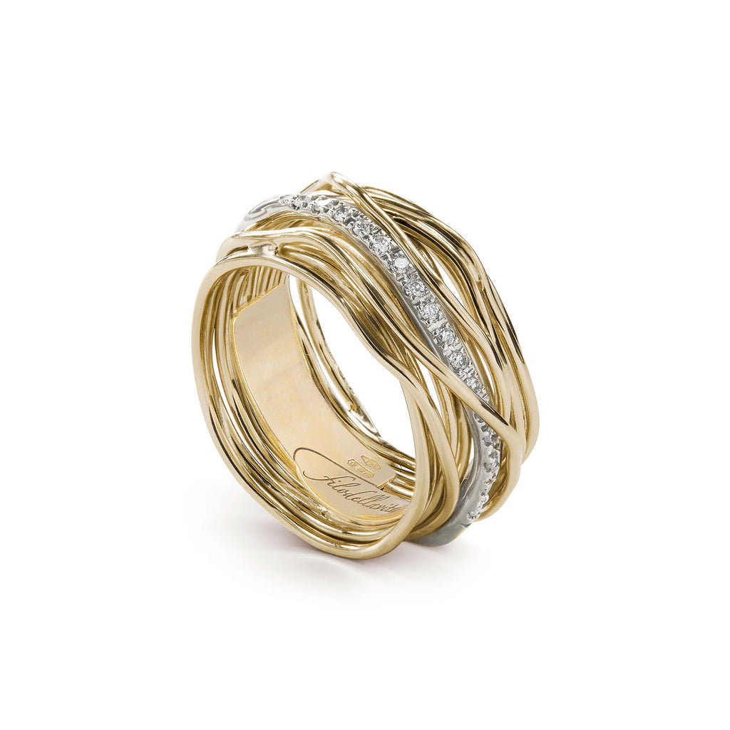Anello Rubinia Filodellavita Classic - 13 Fili in Oro Giallo 9kt con Riviera in Oro Bianco 9kt e 16 Diamanti Bianchi 0,21ct