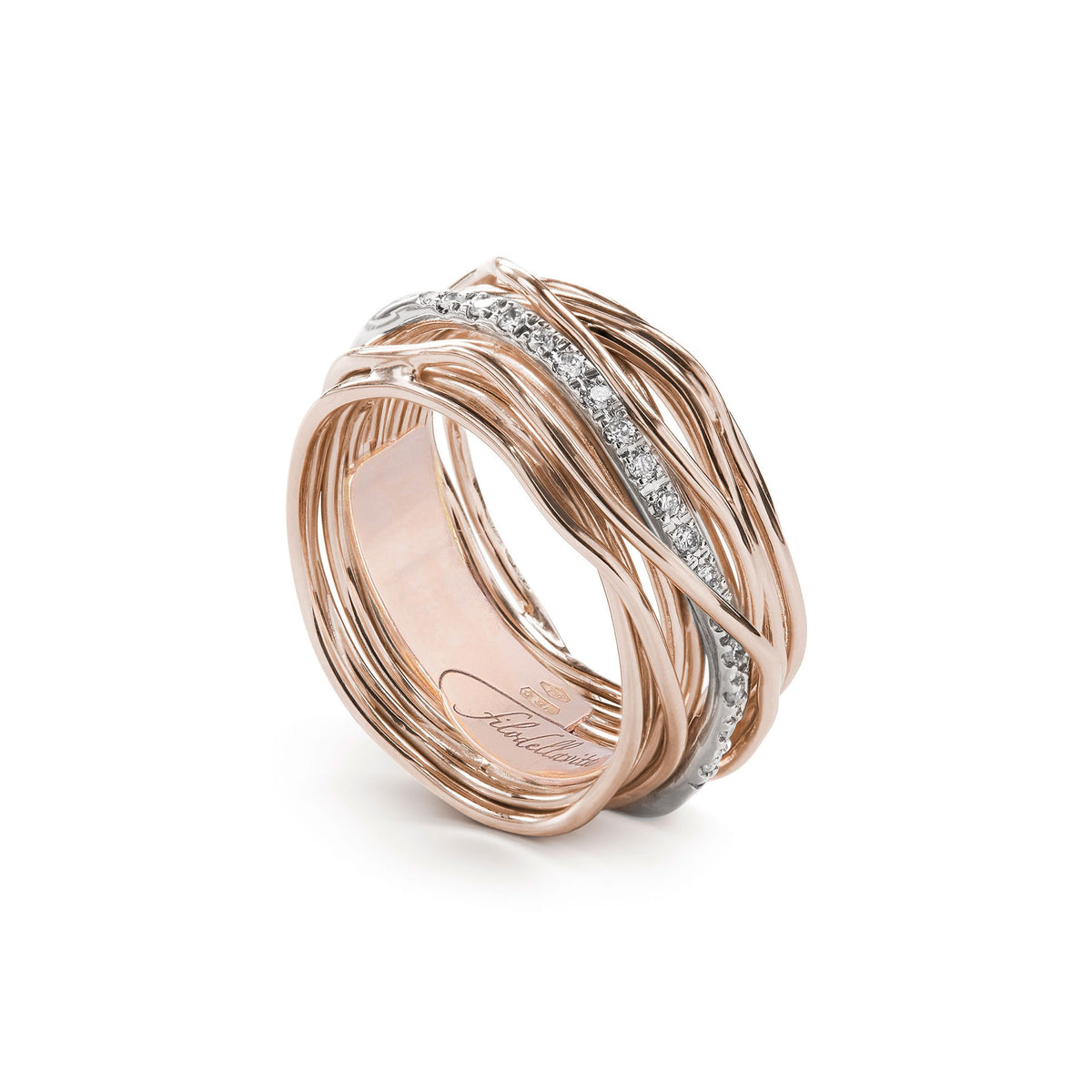 Anello Rubinia Filodellavita Classic - 13 Fili in Oro Rosa 9kt con Riviera in Oro Bianco 9kt e 16 Diamanti Bianchi 0,21ct
