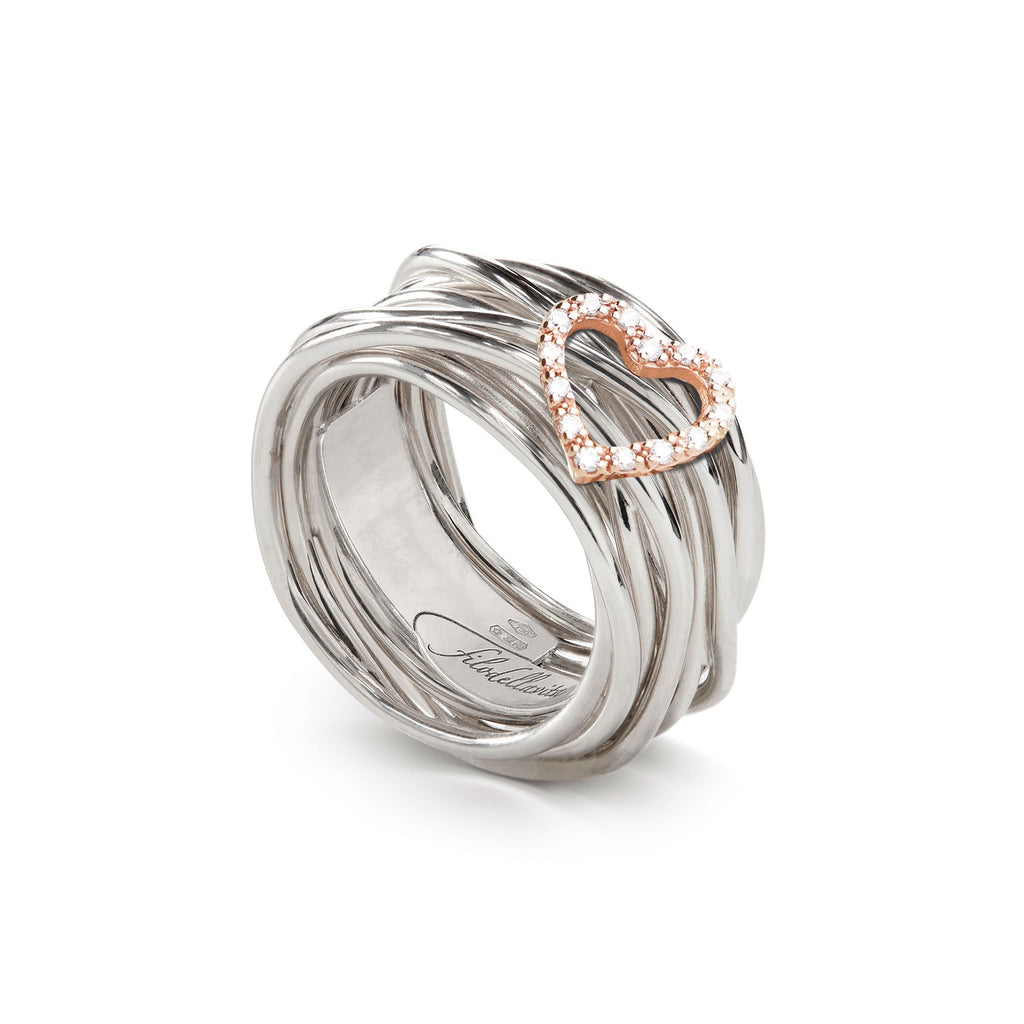 Anello Rubinia Filodellavita Classic - 13 Fili in Argento 925 con Cuore in Oro Rosa 9kt e 14 Diamanti Bianchi 0,09ct