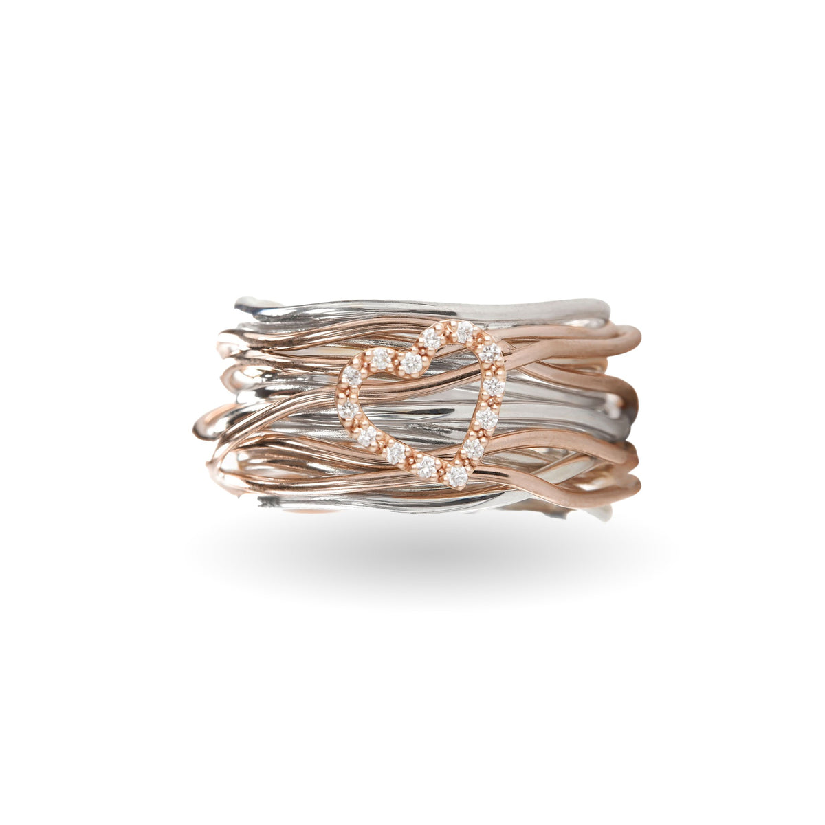 Anello Rubinia Filodellavita Classic - 13 Fili in Argento 925 e Oro Rosa 9kt con Cuore in Oro Rosa 9kt e 14 Diamanti Bianchi 0,09ct