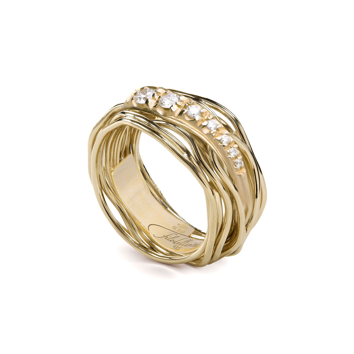 Anello Rubinia Filodellavita - 13 Fili in Oro Giallo 9kt con Riviera a Gradiente di 7 Diamanti Bianchi