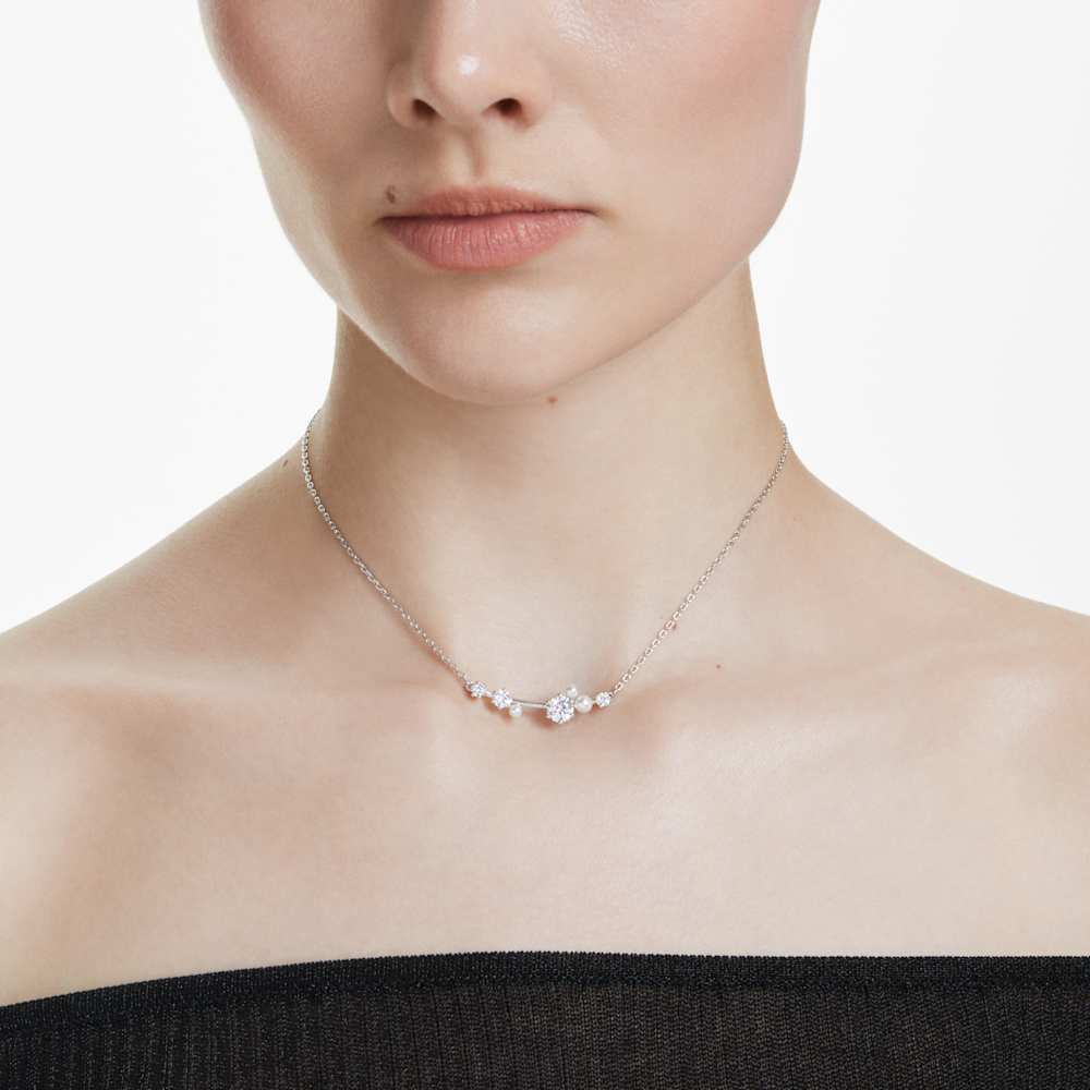 Collana Constella, Crystal Pearl, Taglio Round, Bianca, Placcato rodio