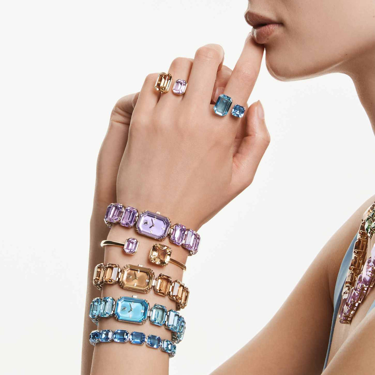 Swarovski Anello aperto Millenia, Taglio ottagonale, Blu, Placcato rodio