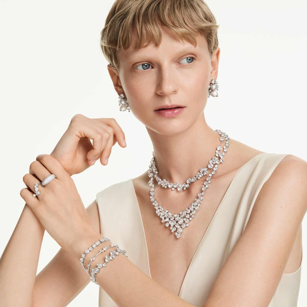 Swarovski Anello aperto Constella, Crystal Pearl, tagli Round, Bianco, Placcato rodio