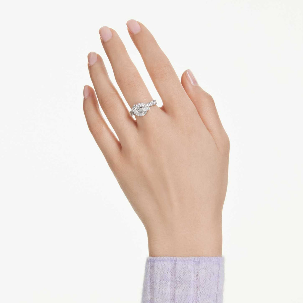 Swarovski Anello Matrix, Taglio baguette, Nodo, Bianco, Placcato rodio