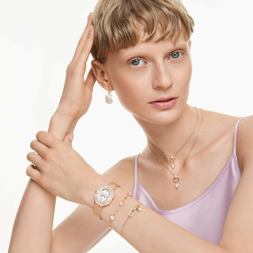 Swarovski Braccialetto Constella, Crystal Pearl, Taglio Round, Bianco, Finitura oro rosa 18K