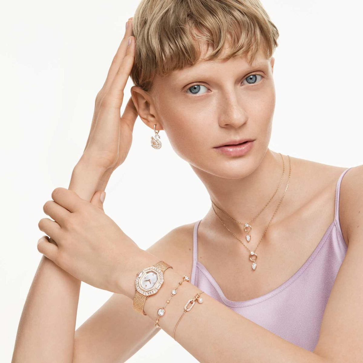 Swarovski Braccialetto Constella, Crystal Pearl, Taglio Round, Bianco, Finitura oro rosa 18K