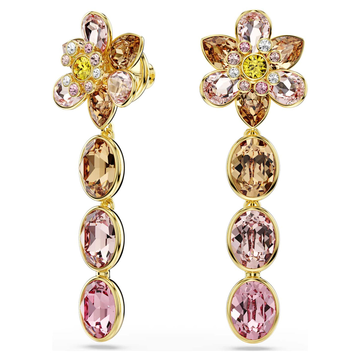 Swarovski Orecchini pendenti Idyllia, Taglio misto, Fiore, Multicolore, Finitura oro 18K