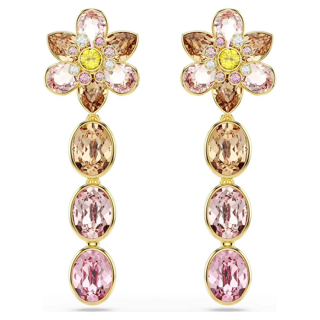 Swarovski Orecchini pendenti Idyllia, Taglio misto, Fiore, Multicolore, Finitura oro 18K
