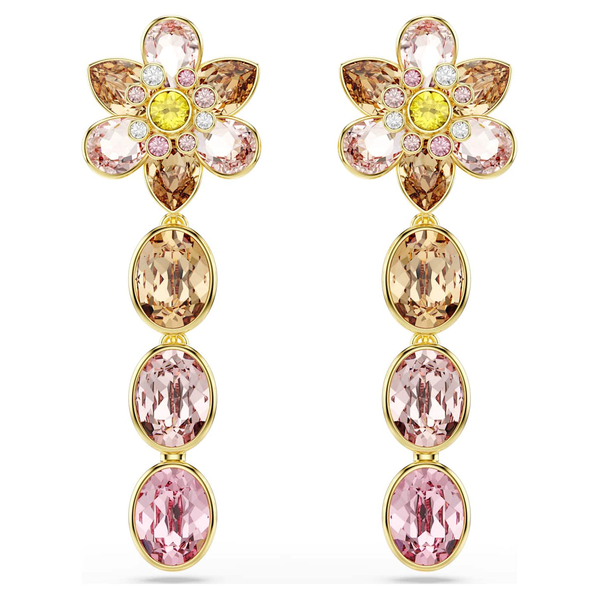 Swarovski Orecchini pendenti Idyllia, Taglio misto, Fiore, Multicolore, Finitura oro 18K