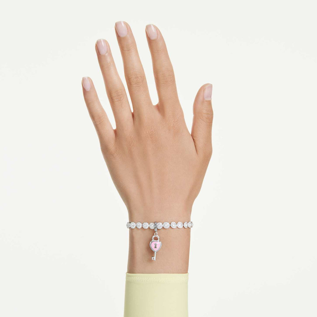 Swarovski Charm Idyllia, Taglio misto, Cuore con chiave, Bianco, Placcato rodio