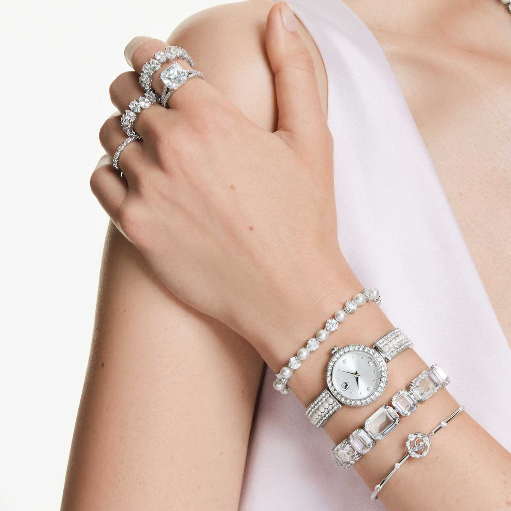 Swarovski Bracciale rigido Constella, Taglio Round, Dancing stone, Bianco, Placcato rodio