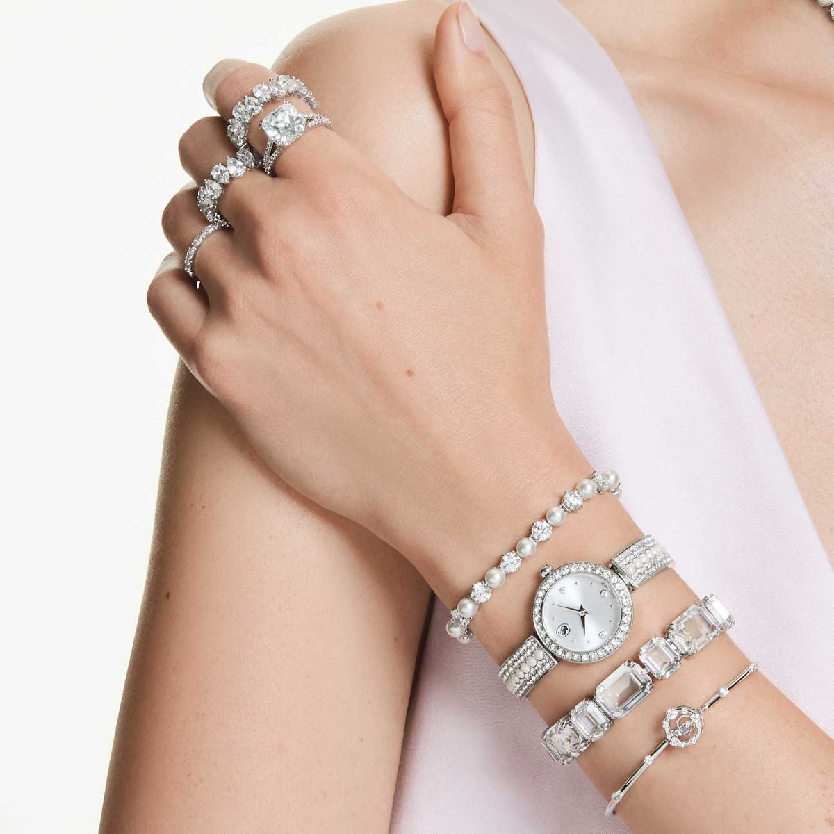 Swarovski Bracciale rigido Constella, Taglio Round, Dancing stone, Bianco, Placcato rodio