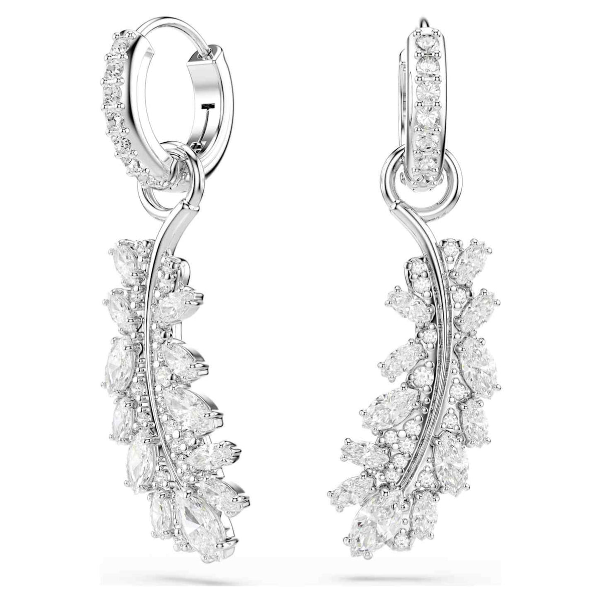 Swarovski Orecchini Vienna, Taglio misto, Piuma, Bianchi, Placcato rodio