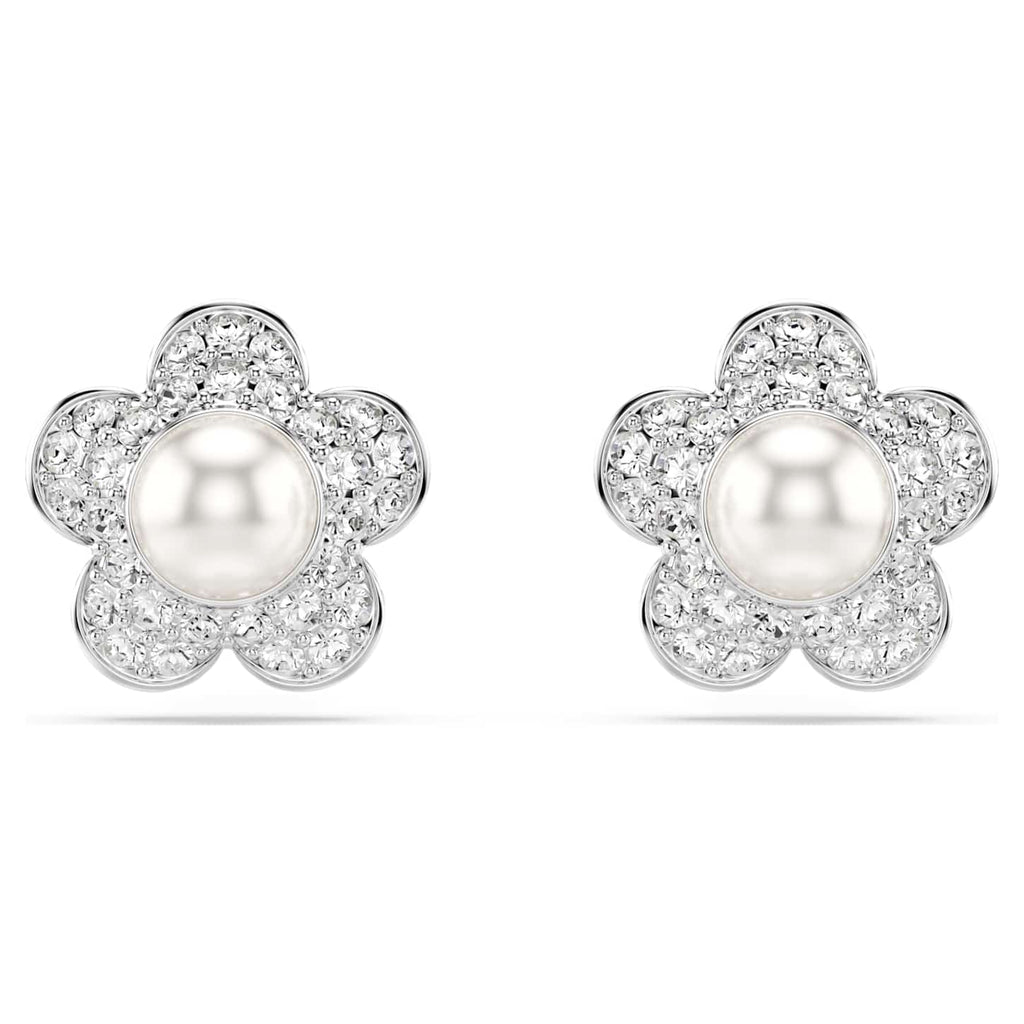 Swarovski Orecchini a lobo Ariana Grande x Swarovski, Crystal Pearl, Taglio Round, Fiore, Bianchi, Placcato rodio