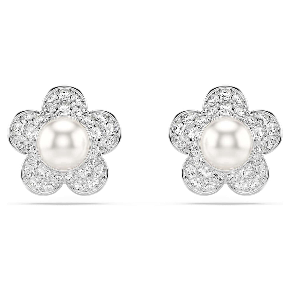 Swarovski Orecchini a lobo Ariana Grande x Swarovski, Crystal Pearl, Taglio Round, Fiore, Bianchi, Placcato rodio