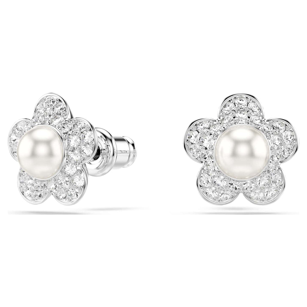 Swarovski Orecchini a lobo Ariana Grande x Swarovski, Crystal Pearl, Taglio Round, Fiore, Bianchi, Placcato rodio