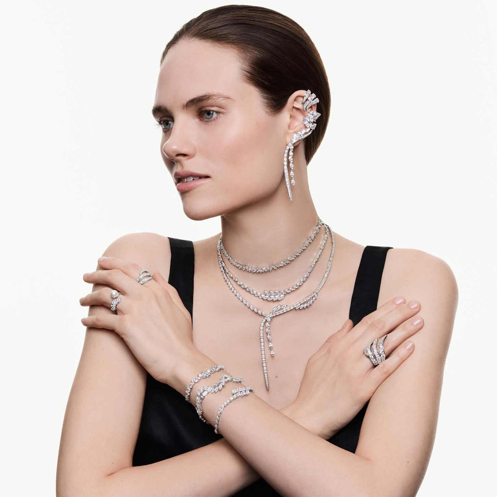 Swarovski Anello Vienna, Taglio misto, Cigno, Bianco, Placcato rodio