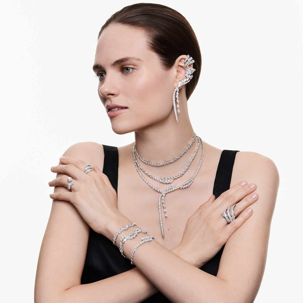 Swarovski Anello cocktail Vienna, Taglio misto, Cigno, Bianco, Placcato rodio